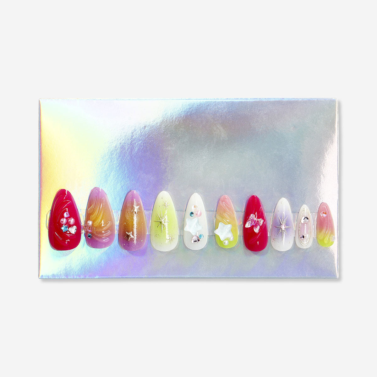 Flying Tiger Copenhagen press-on nails with festive party designs, featuring colorful and stylish nail art for special occasions.