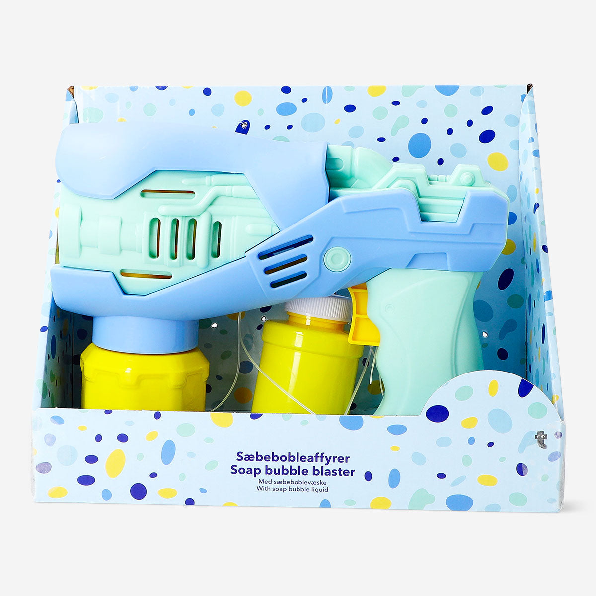 Blue soap bubble blaster toy by Flying Tiger Copenhagen, showing the colorful bubble launcher in action.