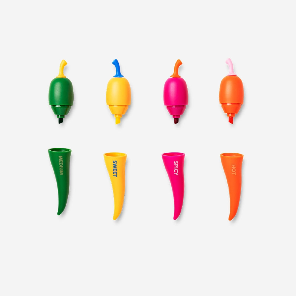 Set of four Flying Tiger Copenhagen Chilli highlighters for office use, featuring vibrant colors and ergonomic design.