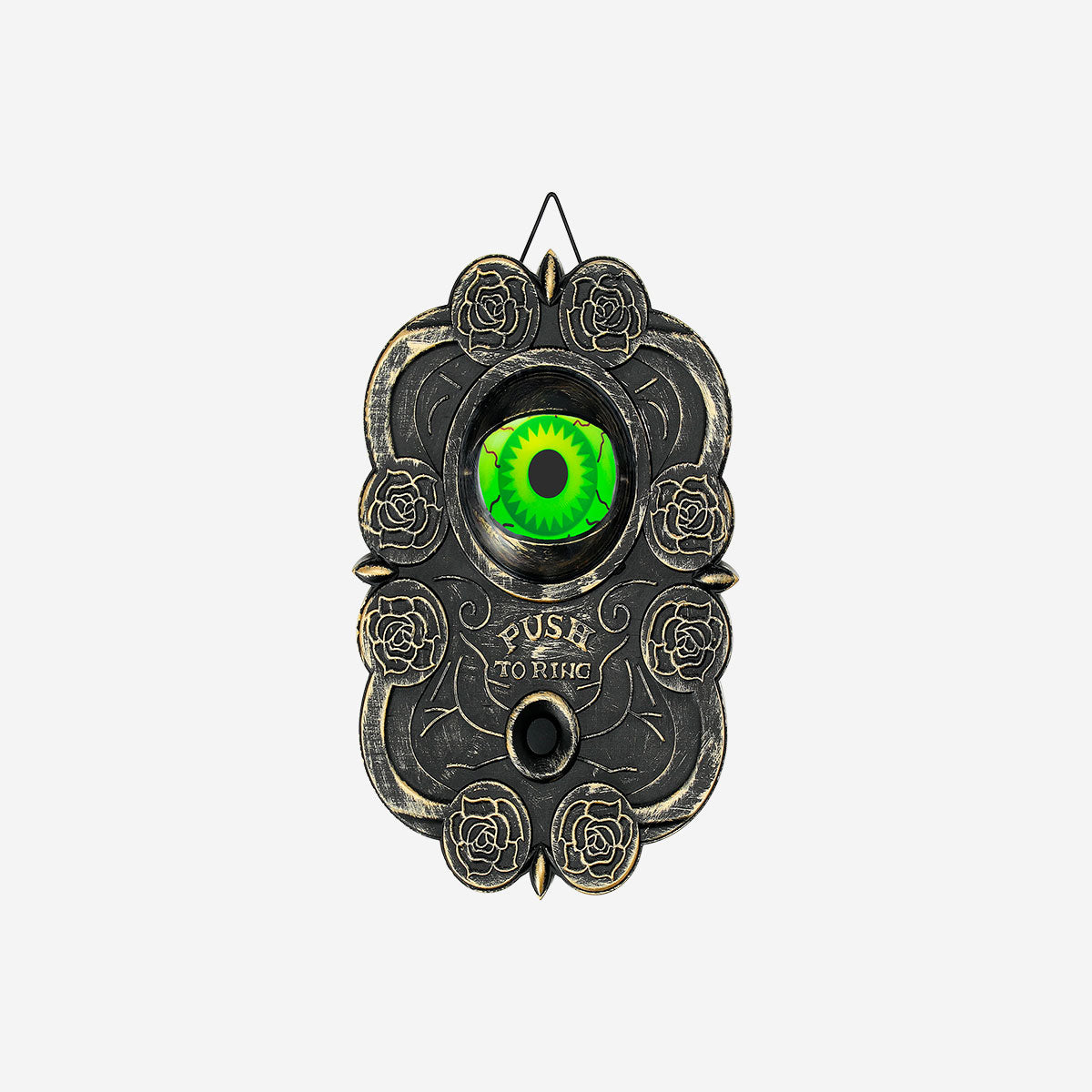 Flying Tiger Copenhagen Gothic doorbell gadget with light, sound, and movement features, mounted on a door frame.