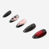 Flying Tiger Copenhagen press-on nails with black and red ombre design, featuring glossy finish and stylish nail art.