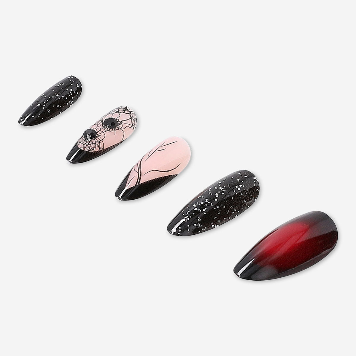 Flying Tiger Copenhagen press-on nails with black and red ombre design, featuring glossy finish and stylish nail art.