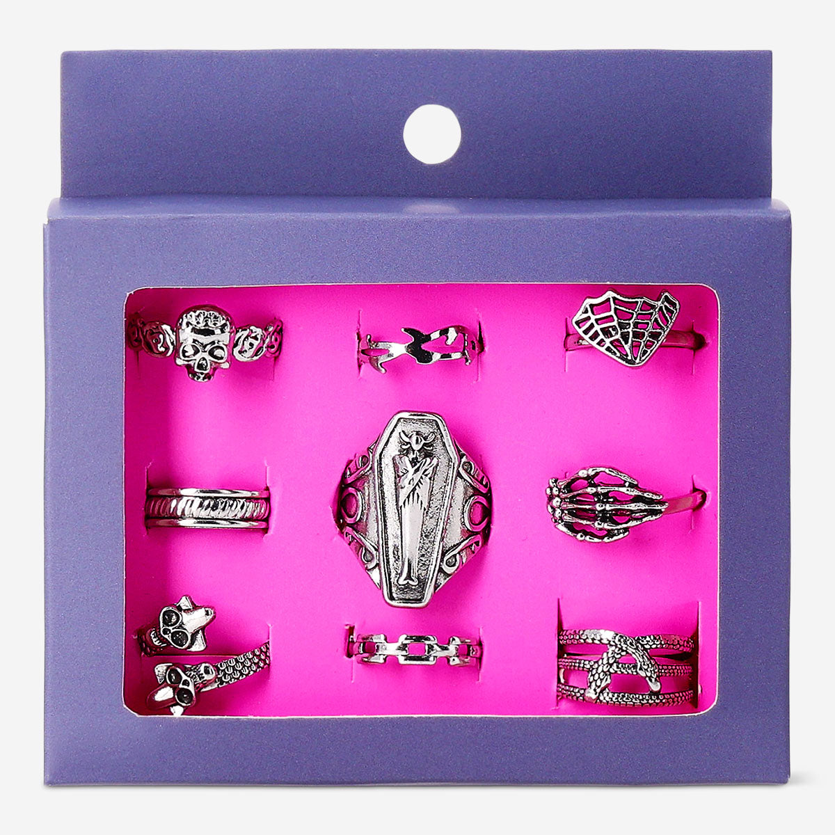 Set of nine adjustable Gothic textile rings with intricate designs from Flying Tiger Copenhagen, displayed on a neutral background.
