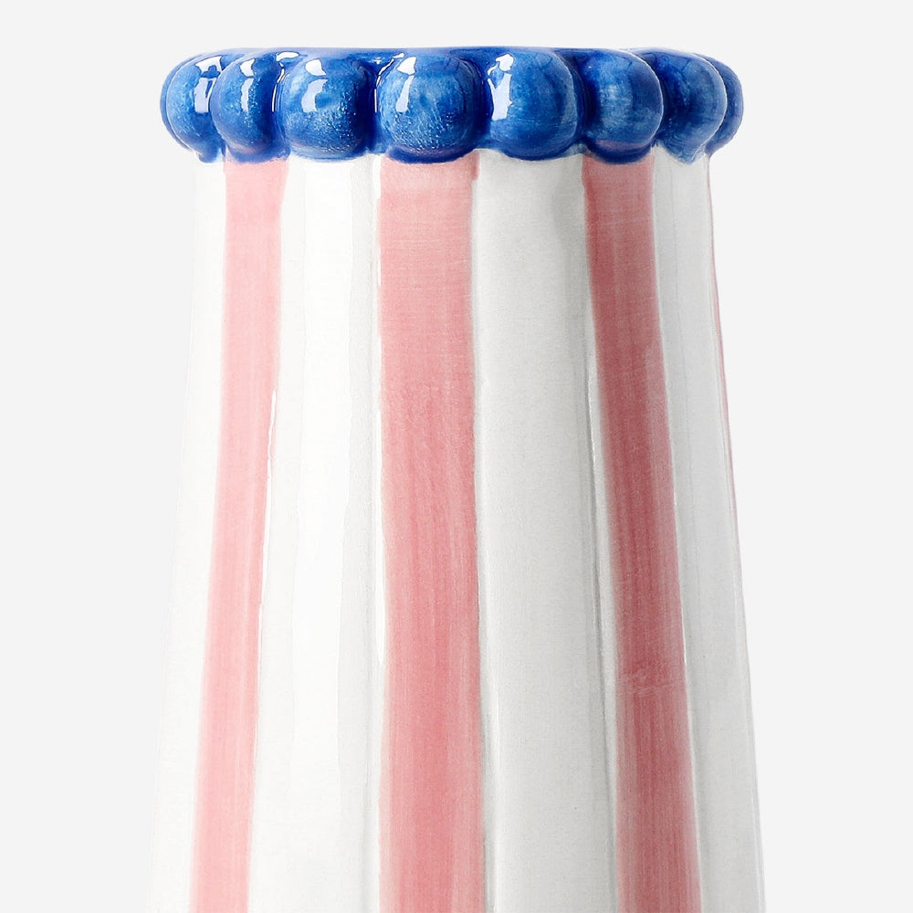 Ceramic vase with pink stripes, 15 cm tall, from Flying Tiger Copenhagen, designed for home decor, featuring a sleek, modern style.