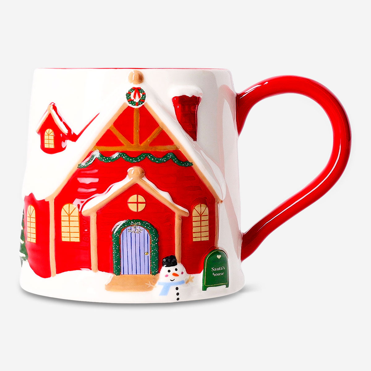 Flying Tiger Copenhagen Santa's house mug, 380 ml, featuring festive holiday design, ceramic kitchen mug with colorful Santa house illustration.