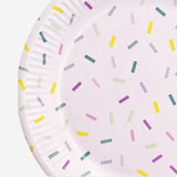 Pink confetti paper plates for party, set of 8, by Flying Tiger Copenhagen, featuring colorful confetti design on paper plates.