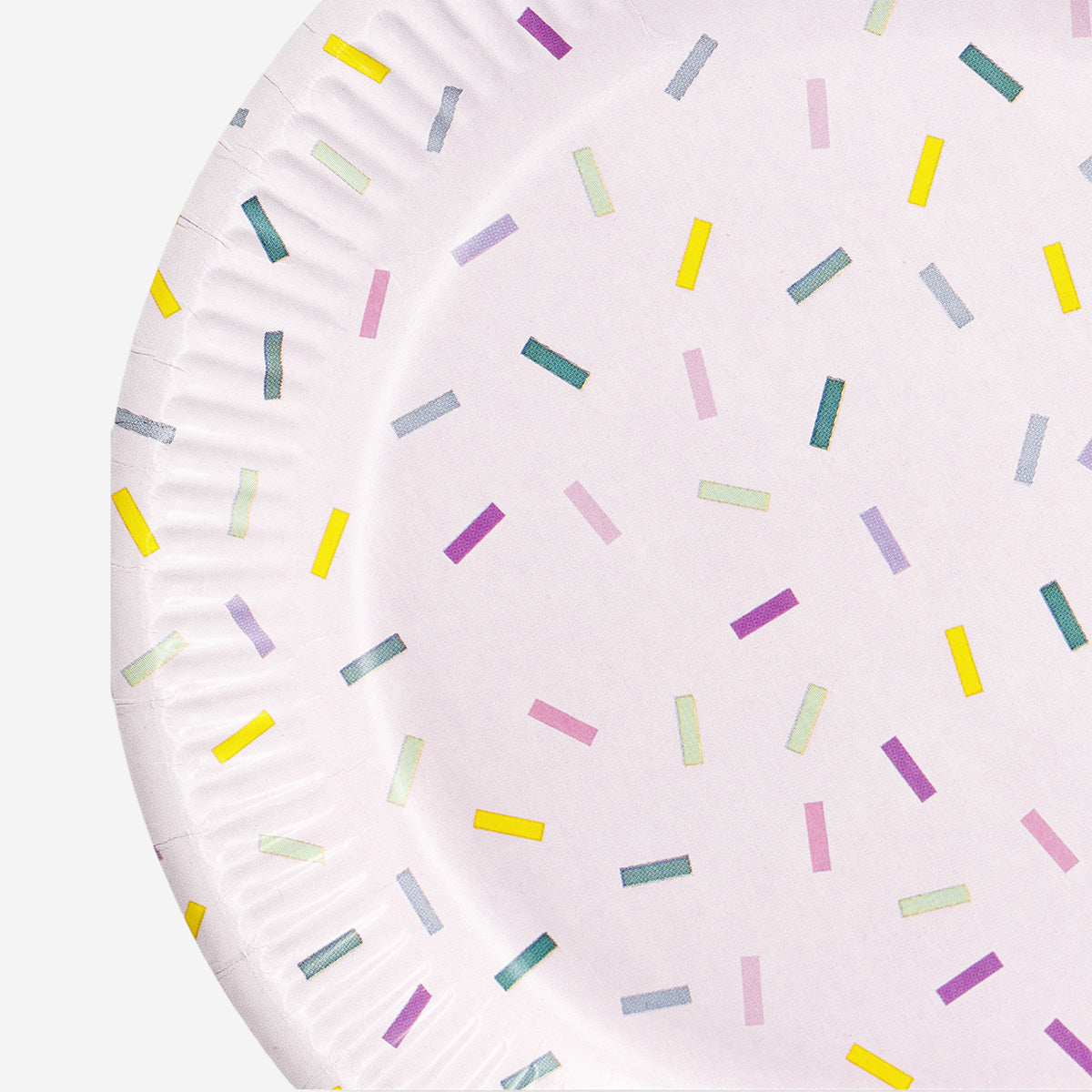 Pink confetti paper plates for party, set of 8, by Flying Tiger Copenhagen, featuring colorful confetti design on paper plates.