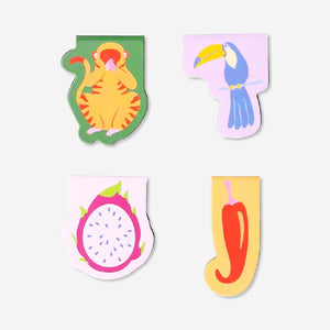 Set of four jungle-themed magnetic bookmarks from Flying Tiger Copenhagen, featuring colorful animal and plant designs for office use.