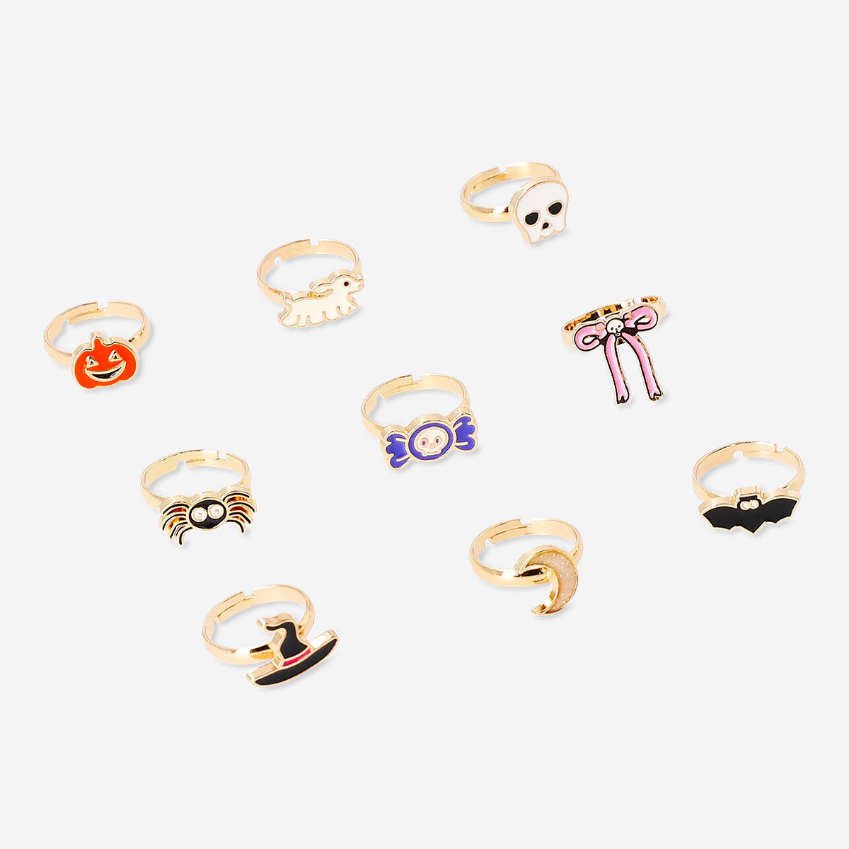 Set of nine adjustable children's Halloween-themed textile rings with fun, colorful designs by Flying Tiger Copenhagen.