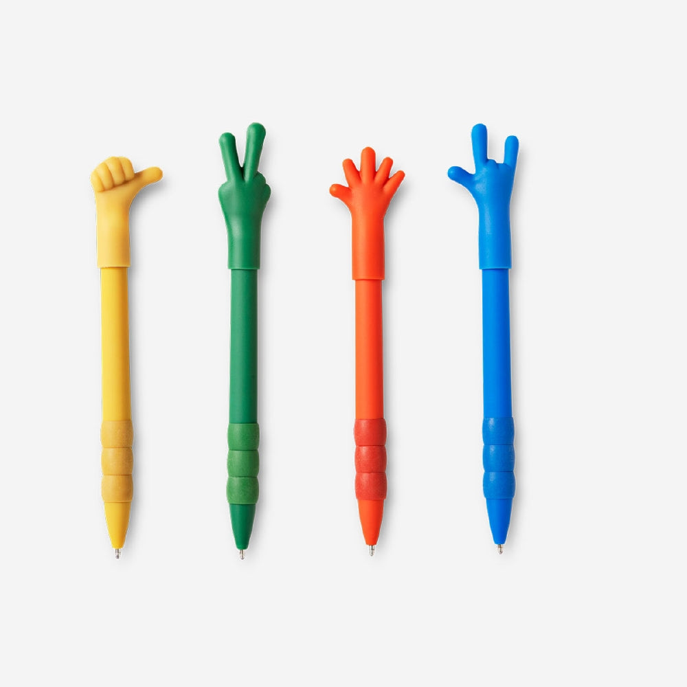Set of four Flying Tiger Copenhagen ballpoint pens featuring hand sign designs, ideal for office use.