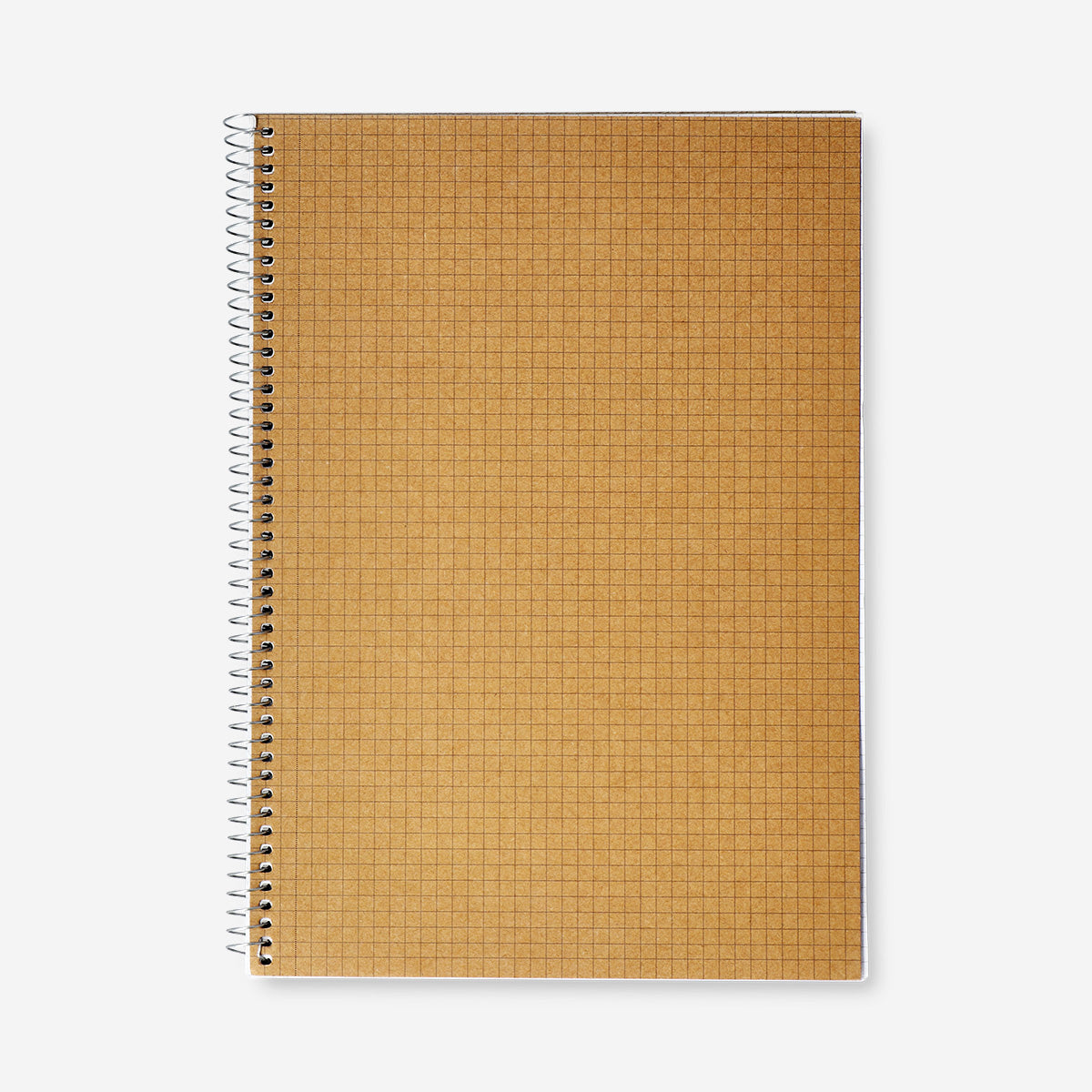 A4 spiral-bound grid notebook with a craft paper cover from Flying Tiger Copenhagen, showing the spiral binding and textured cover.