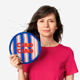 Foldable textile fan with Ciao Ciao print by Flying Tiger Copenhagen, shown partially open with vibrant colorful design.