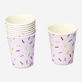 Set of 8 pink confetti paper cups for parties, featuring colorful confetti design from Flying Tiger Copenhagen.
