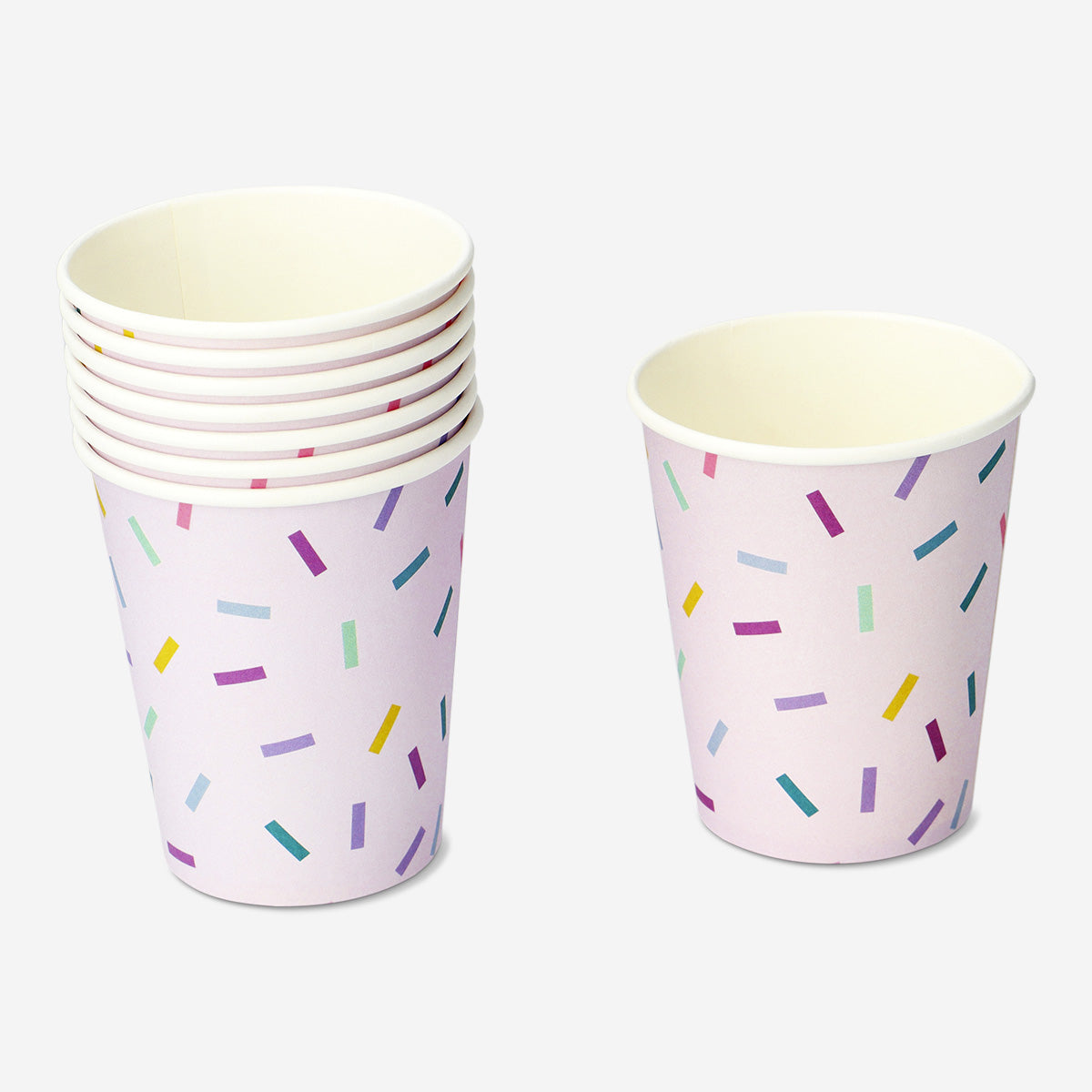Set of 8 pink confetti paper cups for parties, featuring colorful confetti design from Flying Tiger Copenhagen.