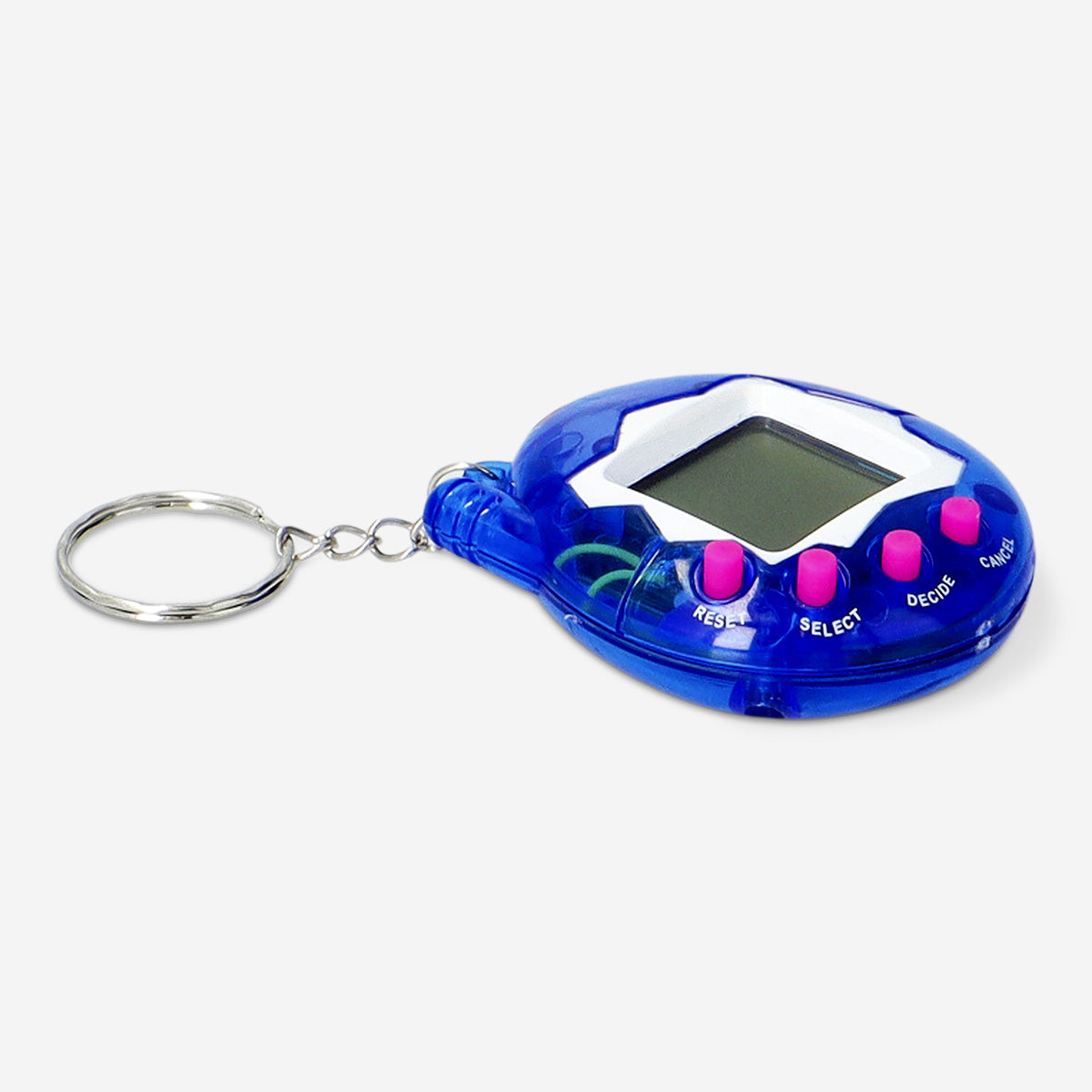 Blue digital pet key ring gadget from Flying Tiger Copenhagen featuring a small, colorful electronic pet attachment.