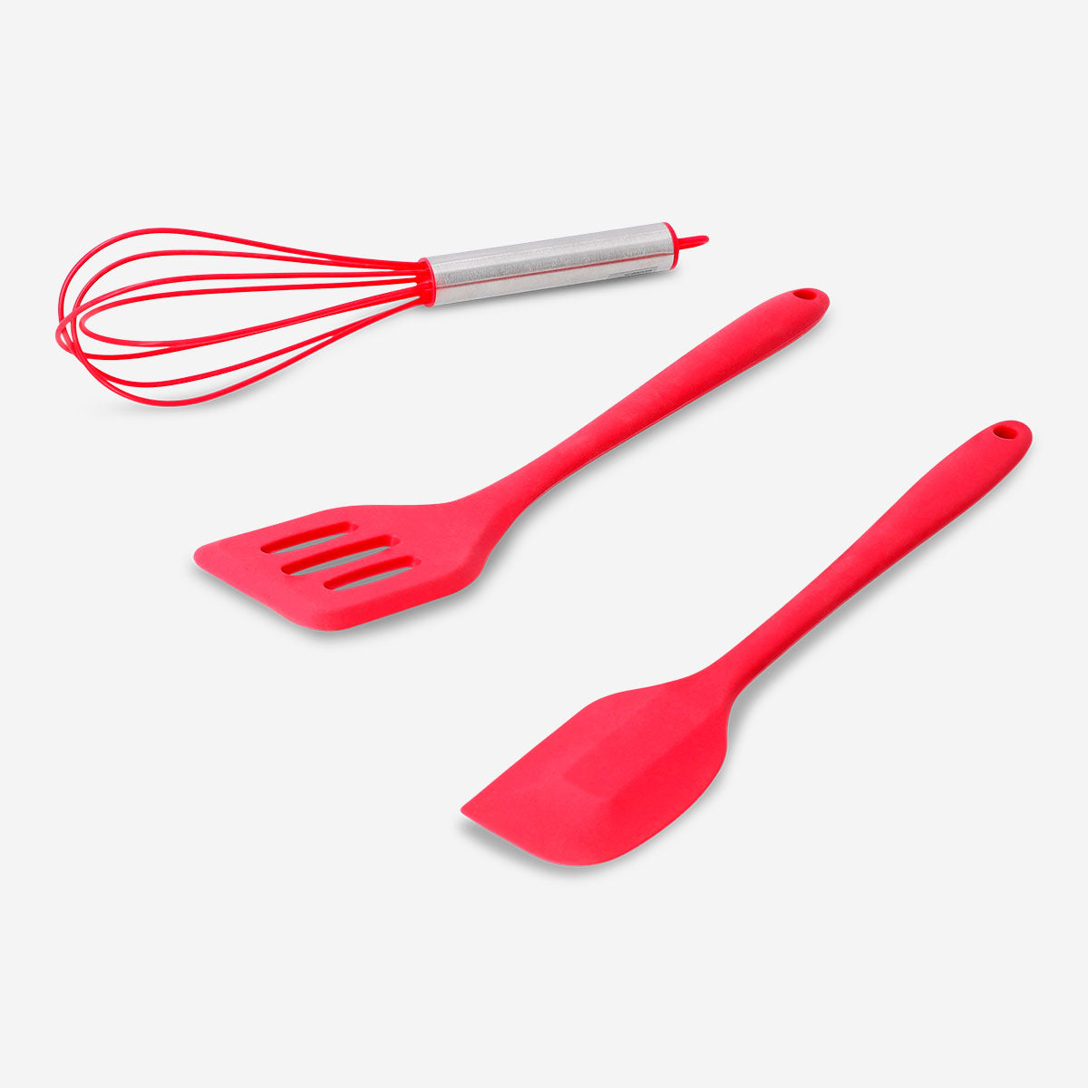 Set of three red kitchen utensils including silicone scraper, spatula, and stainless steel whisk for cooking and baking.
