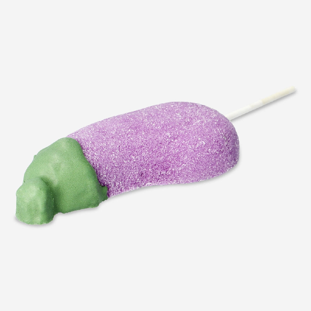 Sweet marshmallow on a stick shaped like an eggplant, from Flying Tiger Copenhagen, ready for snacking or decoration.