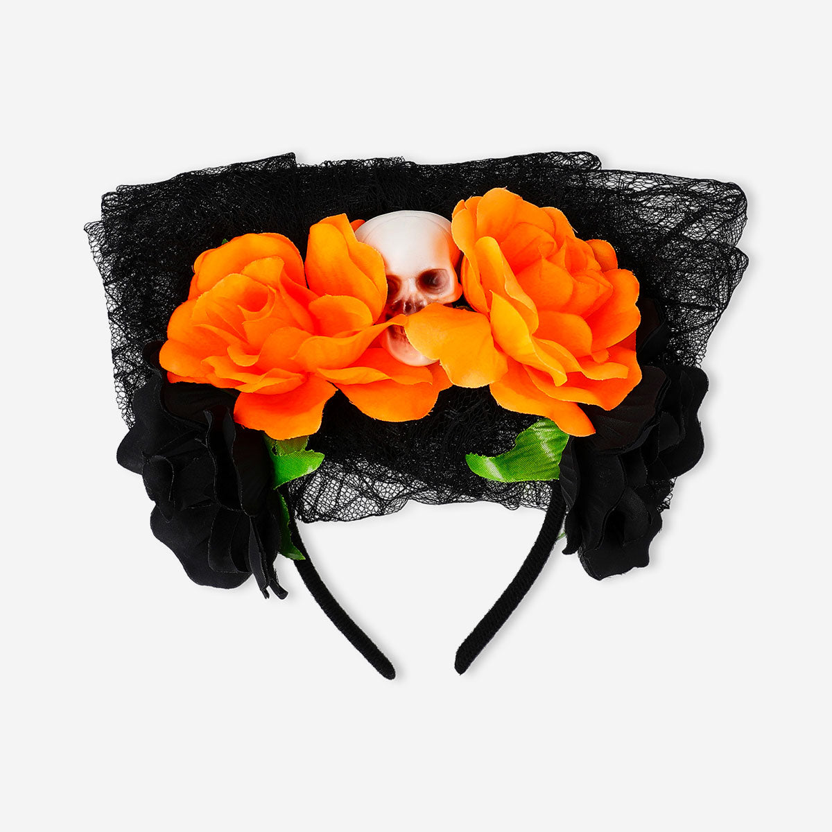 Adult costume hairband with skull and veil for party, featuring black fabric and decorative skull embellishment.