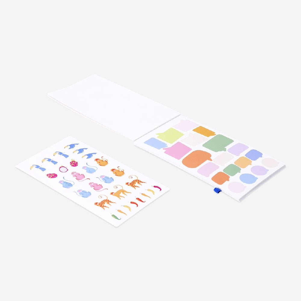 Jungle-themed office sticker book by Flying Tiger Copenhagen featuring colorful jungle animal and plant stickers.