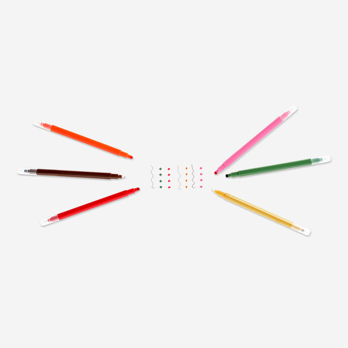Set of 12 Flying Tiger Copenhagen dual-tip markers with fineliners and stamps for office and art projects.