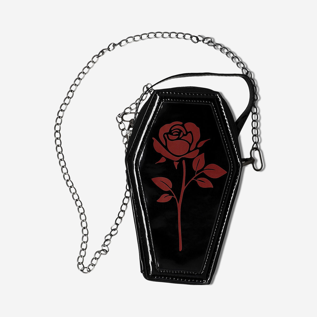 Black coffin-shaped handbag made of textile by Flying Tiger Copenhagen, featuring a gothic-inspired design with a zip closure.