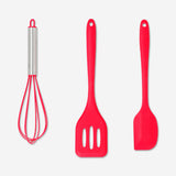 Set of three red kitchen utensils including silicone scraper, spatula, and stainless steel whisk for cooking and baking.