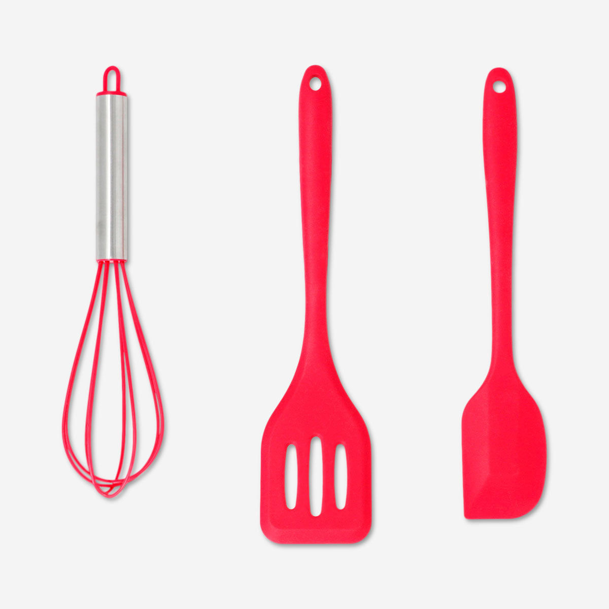Set of three red kitchen utensils including silicone scraper, spatula, and stainless steel whisk for cooking and baking.