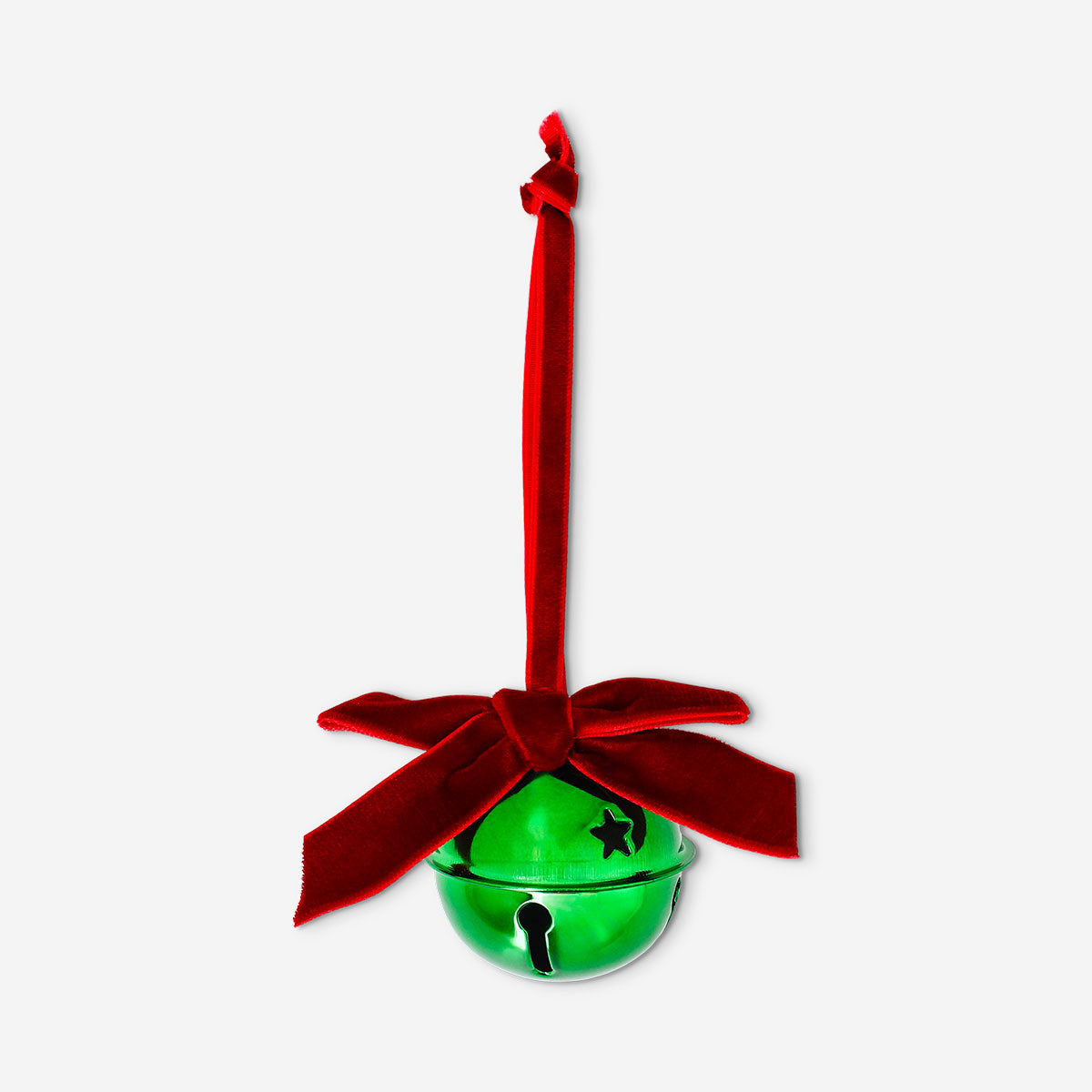 Flying Tiger Copenhagen Christmas bell with red bow, festive holiday home decor, shiny metal finish and decorative ribbon.
