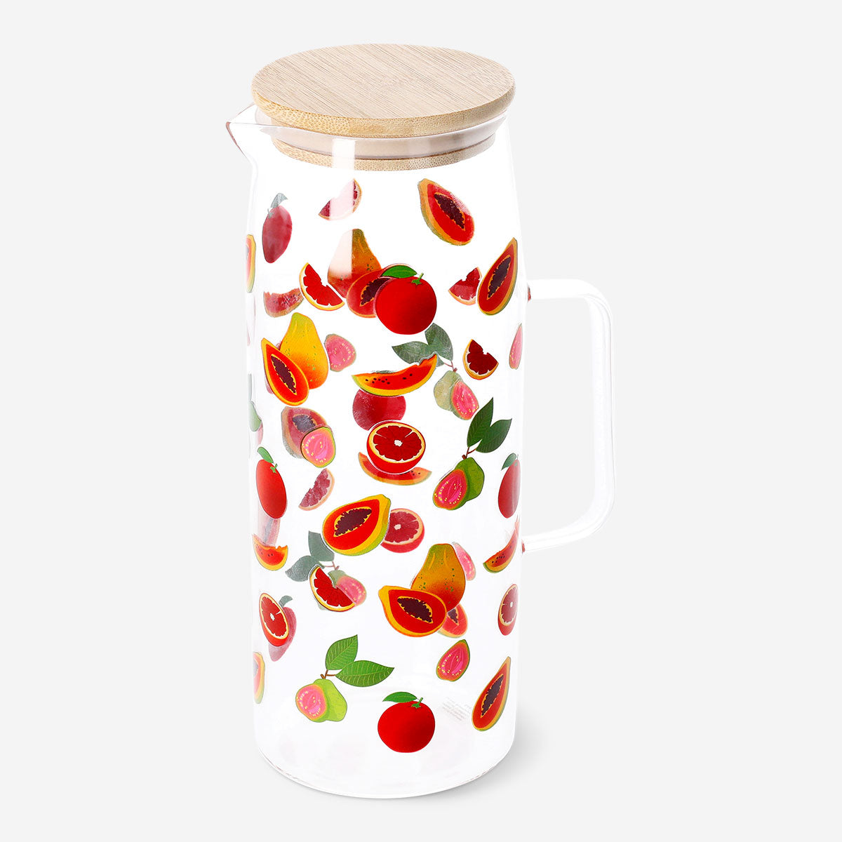 Glass jug with bamboo lid and fruit print, 1.15L, kitchenware by Flying Tiger Copenhagen, featuring a decorative and functional design.