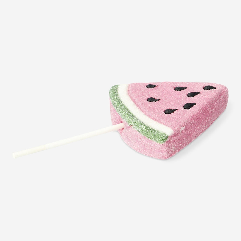 Watermelon-flavored marshmallow on a stick, popular candy treat from Flying Tiger Copenhagen, shown in the image.