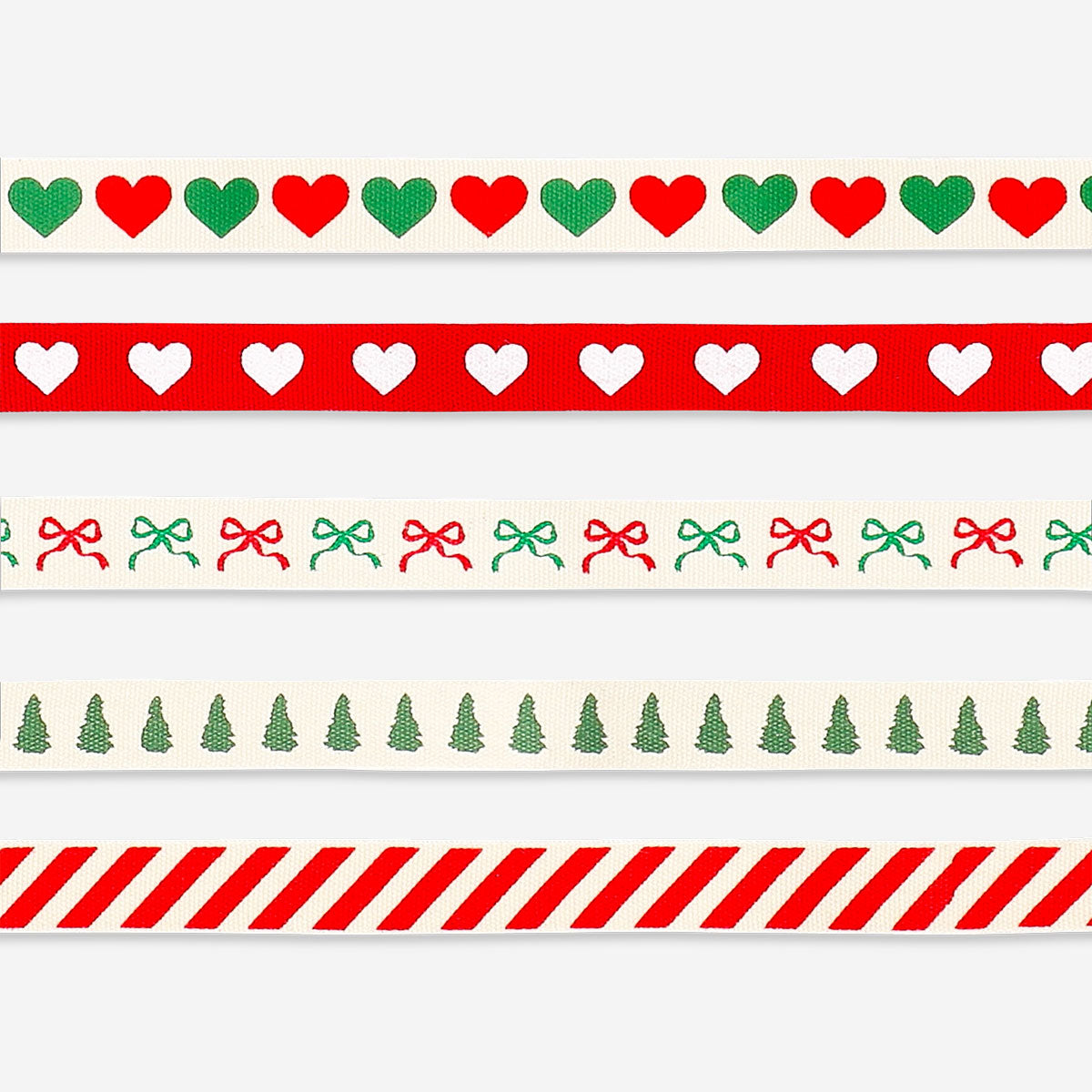 Set of five printed cotton ribbons in various patterns, suitable for office or craft use, by Flying Tiger Copenhagen.