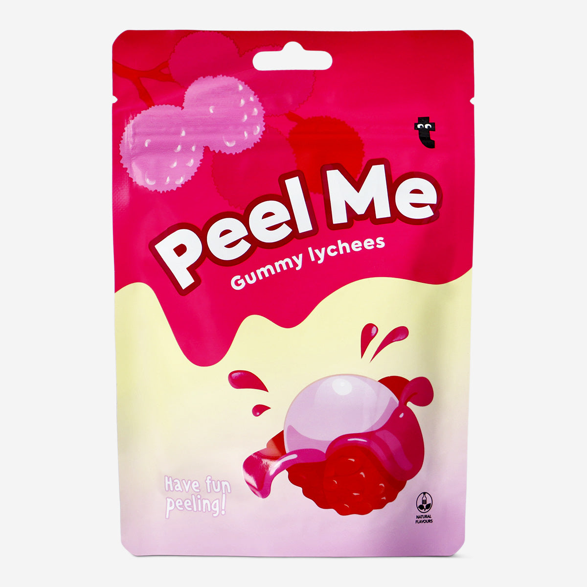 Flying Tiger Copenhagen Peelers Candy in Lychee flavor, colorful packaging featuring lychee fruit imagery.
