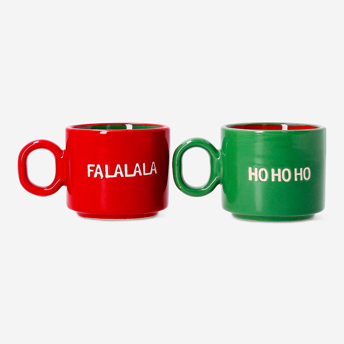 Two Flying Tiger Copenhagen cortado mugs with Christmas-themed text, featuring festive holiday designs for kitchen use.
