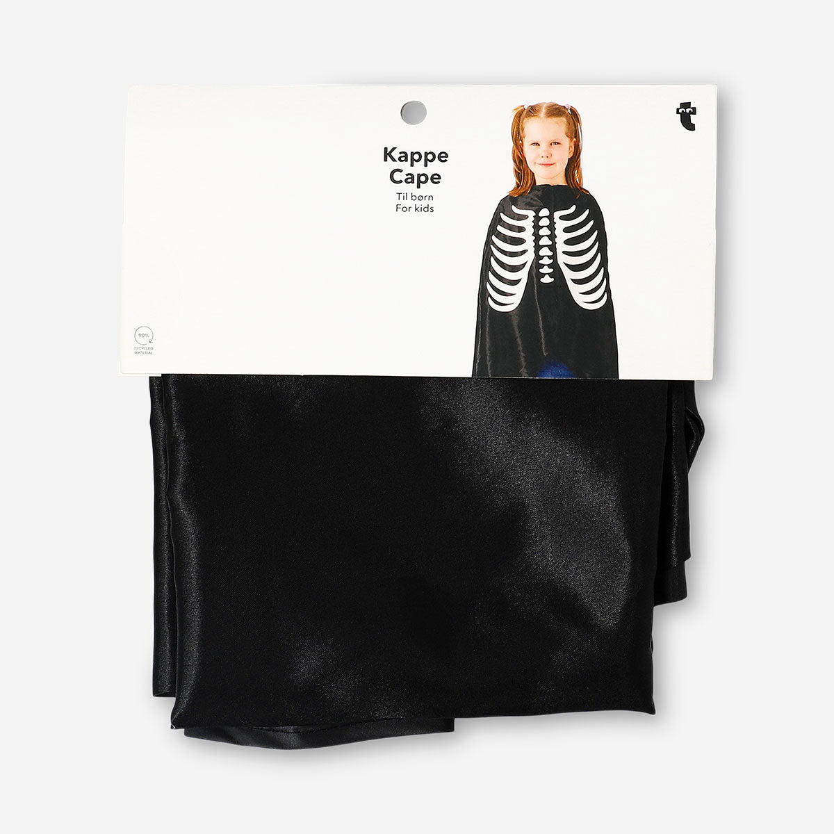 Kids skeleton costume cape for party, black and white design, perfect for children's Halloween or costume events, by Flying Tiger Copenhagen.