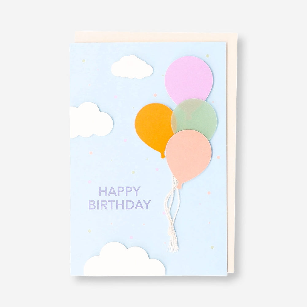 Flying Tiger Copenhagen birthday card featuring colorful flying balloons, ideal for celebrating special occasions.