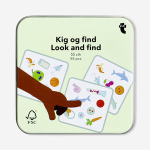 Flying Tiger Copenhagen Look and Find game showing colorful game pieces and game box with playful design.