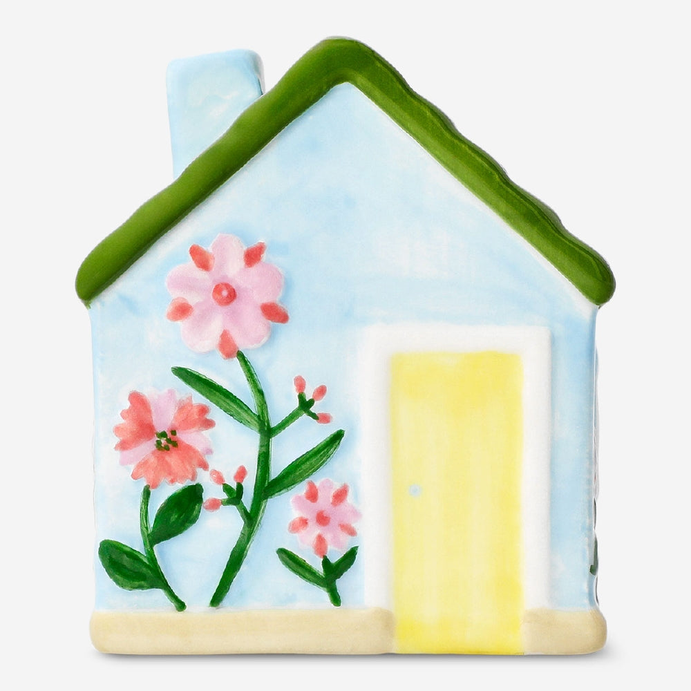 Decorative blue ceramic house from Flying Tiger Copenhagen, 11 cm tall, ideal for home decor or tabletop display.