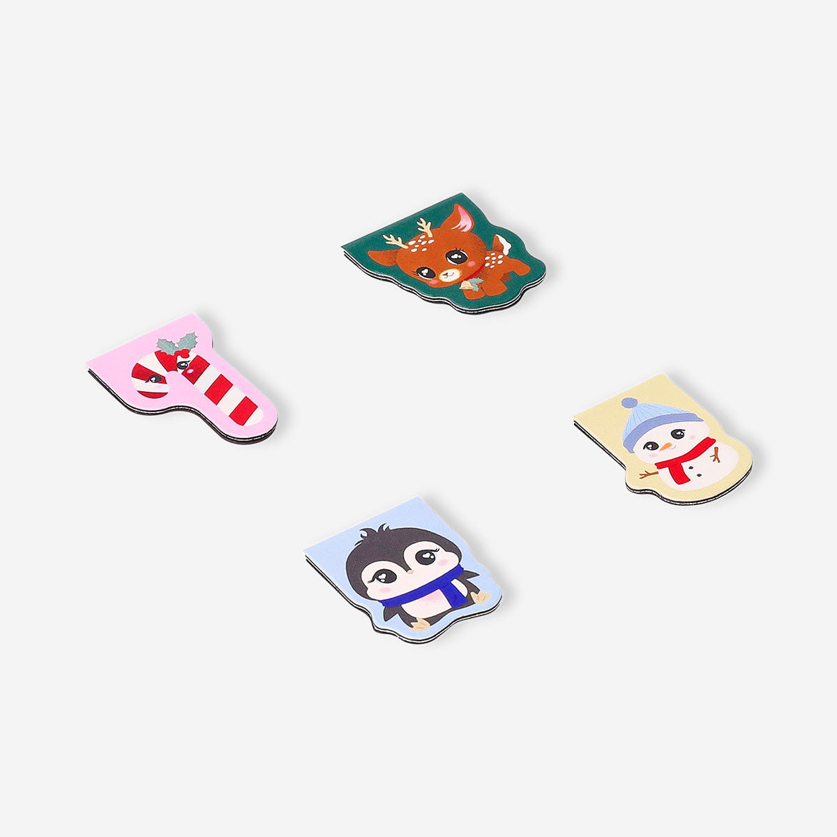 Set of four Flying Tiger Copenhagen magnetic Christmas bookmarks featuring festive holiday designs for office or reading use.