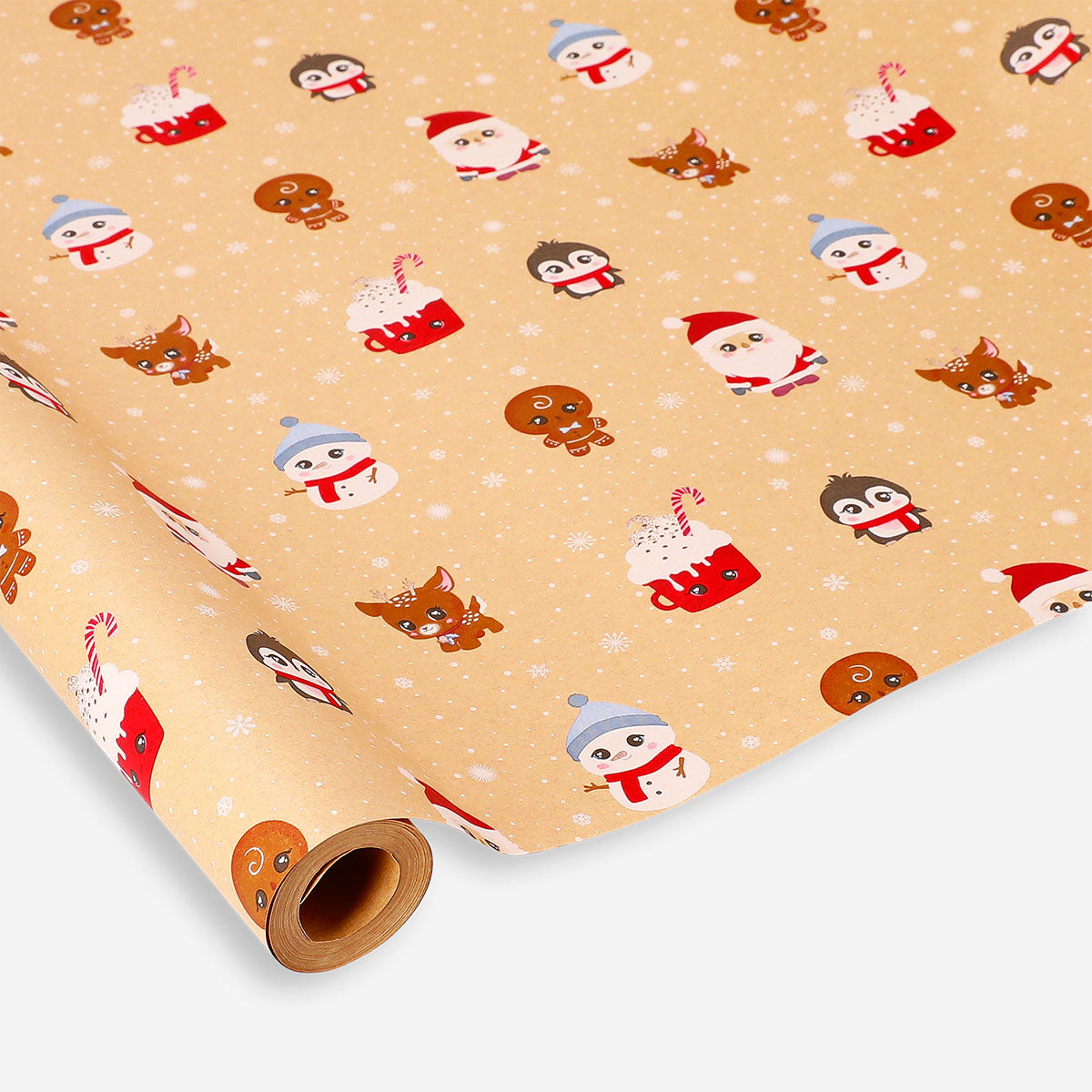 Flying Tiger Copenhagen Christmas characters craft wrapping paper, 1000 cm roll, ideal for holiday gift wrapping with festive designs.