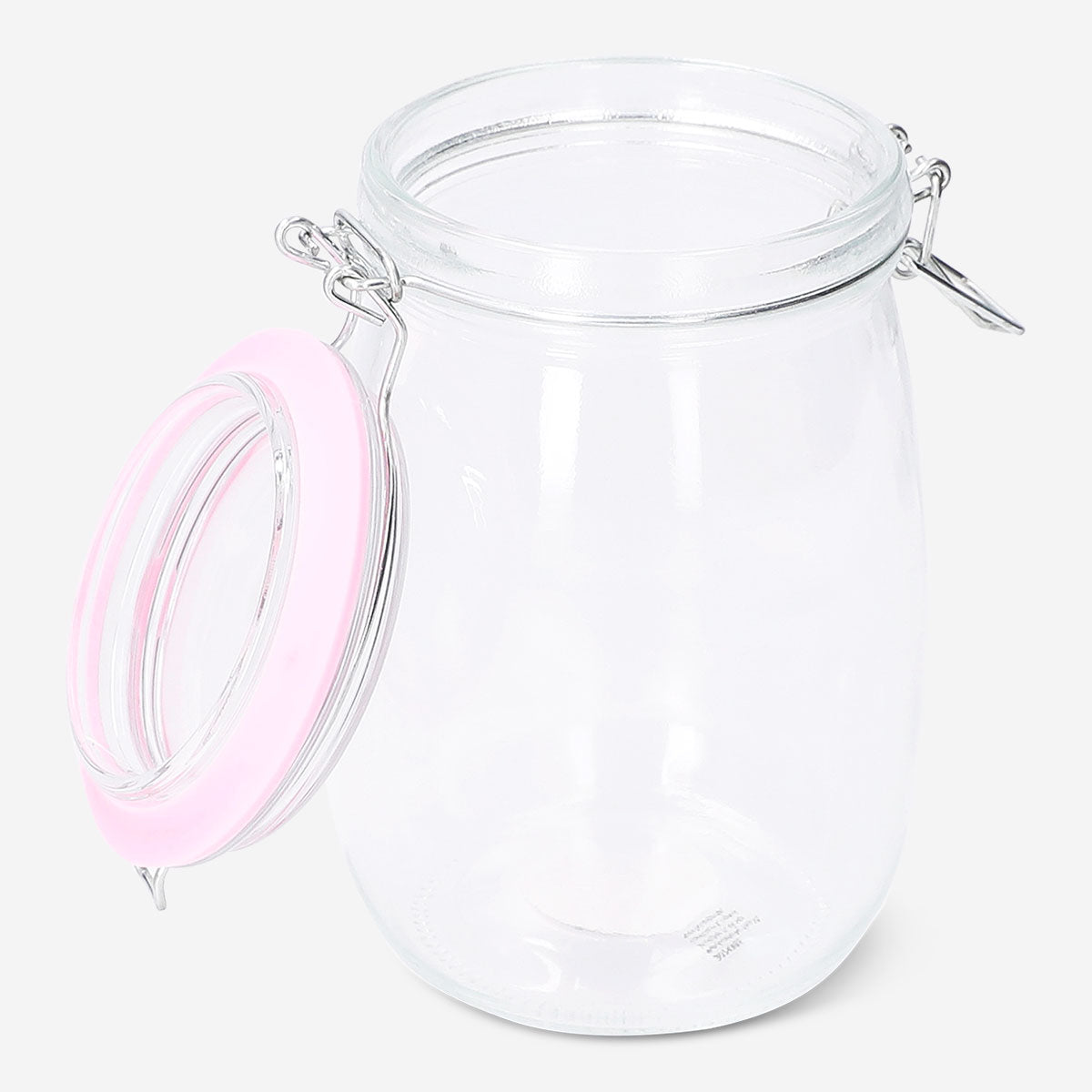 Glass jar with pink rim, 17 cm tall, for kitchen storage, by Flying Tiger Copenhagen, clear glass with a vibrant pink accent.