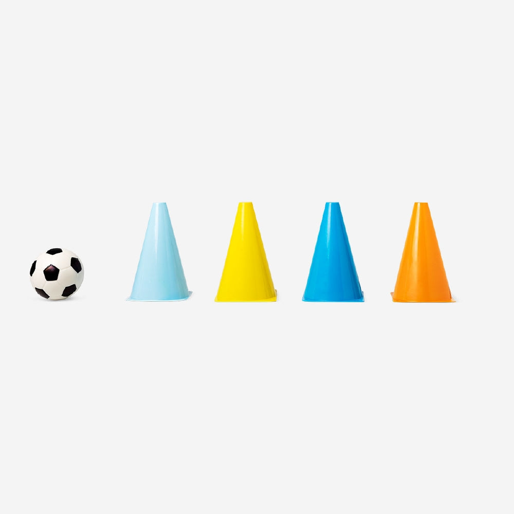 Flying Tiger Copenhagen football and cones set for soccer practice and games, ideal for outdoor play and training activities.
