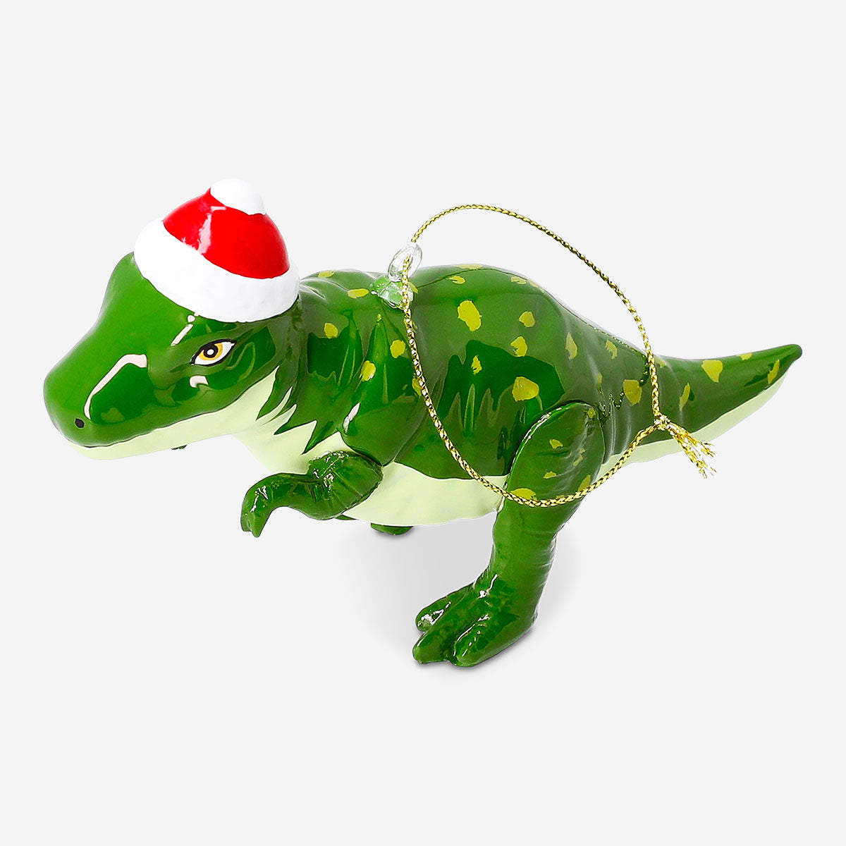 Flying Tiger Copenhagen dinosaur Christmas ornament wearing a Santa hat, cute holiday home decor decoration.