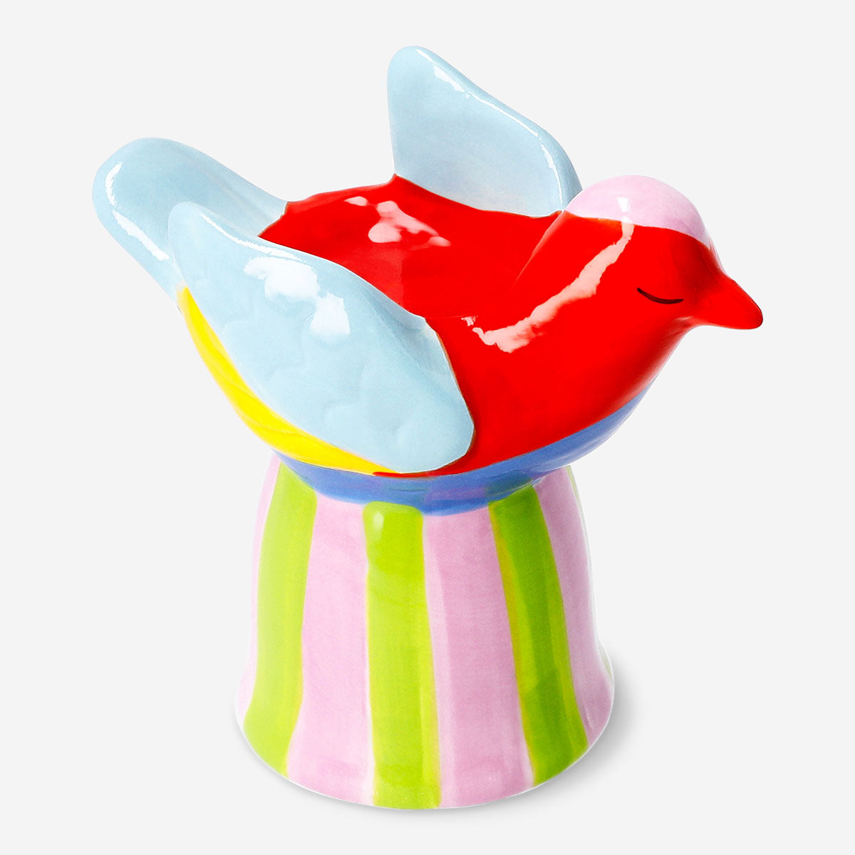 Ceramic bird tealight holder with striped base, decorative home decor piece by Flying Tiger Copenhagen.