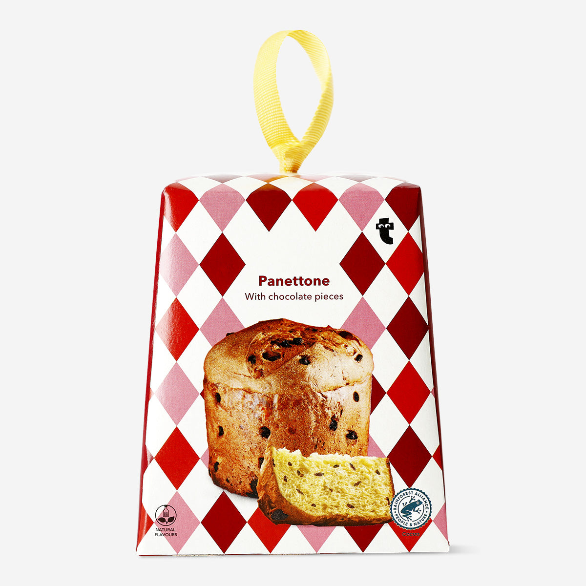 Flying Tiger Copenhagen panettone with chocolate chips, golden Italian sweet bread loaf sliced open