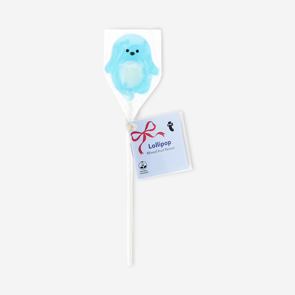 Colorful penguin-shaped lollipop with tutti frutti flavor from Flying Tiger Copenhagen, featuring vibrant fruit-inspired colors.