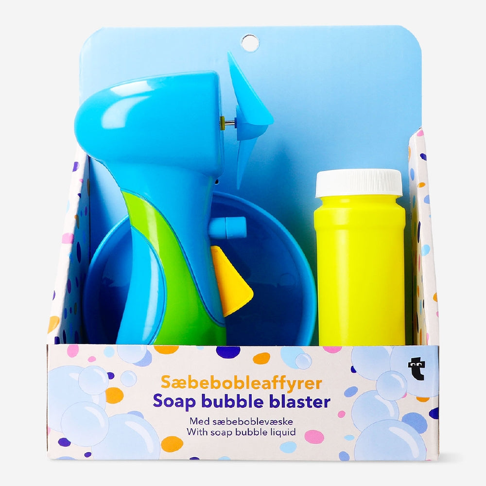Flying Tiger Copenhagen soap bubble blaster toy with colorful bubbles in action, fun for kids and outdoor play.