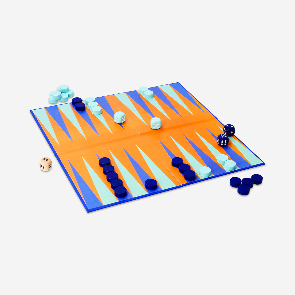 Flying Tiger Copenhagen cardboard backgammon game with colorful game board and playing pieces on a table.