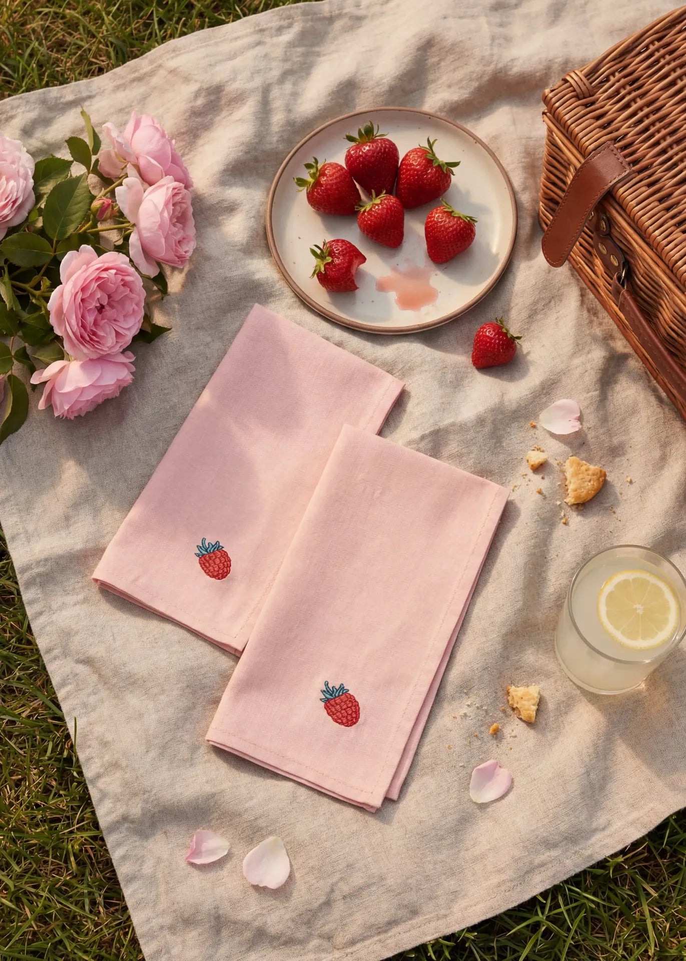 Set of two fabric napkins with embroidered raspberry design, stylish home decor by Flying Tiger Copenhagen.
