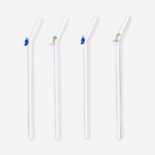 Glass straws with flower and cherry decorations - 4 pcs