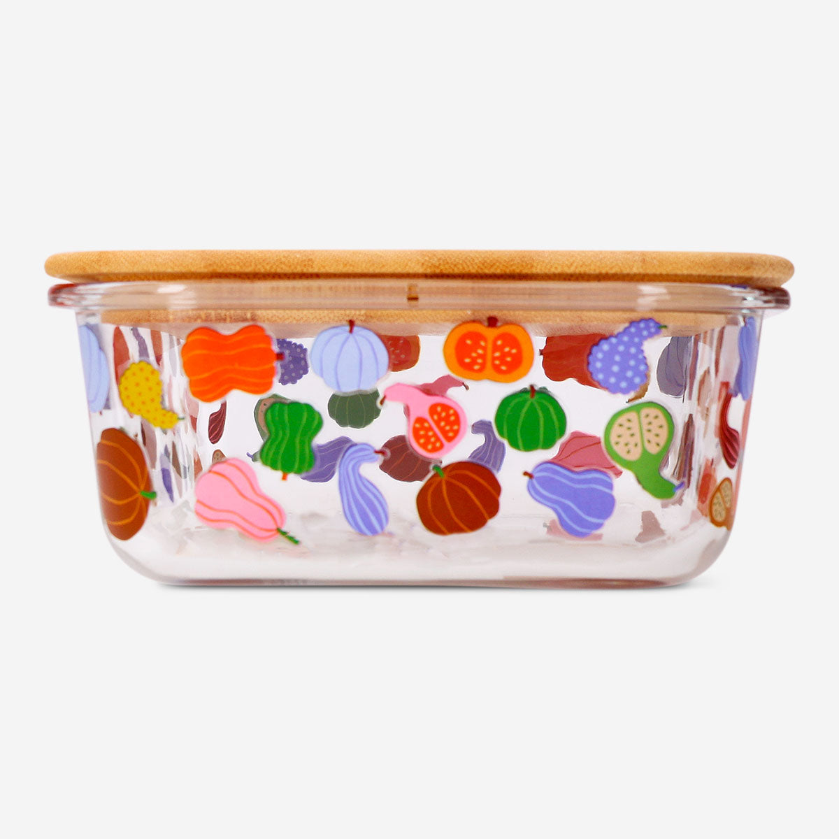 Glass kitchen food container with pumpkin design, 22 cm, by Flying Tiger Copenhagen, featuring a clear glass body and decorative pumpkin pattern.